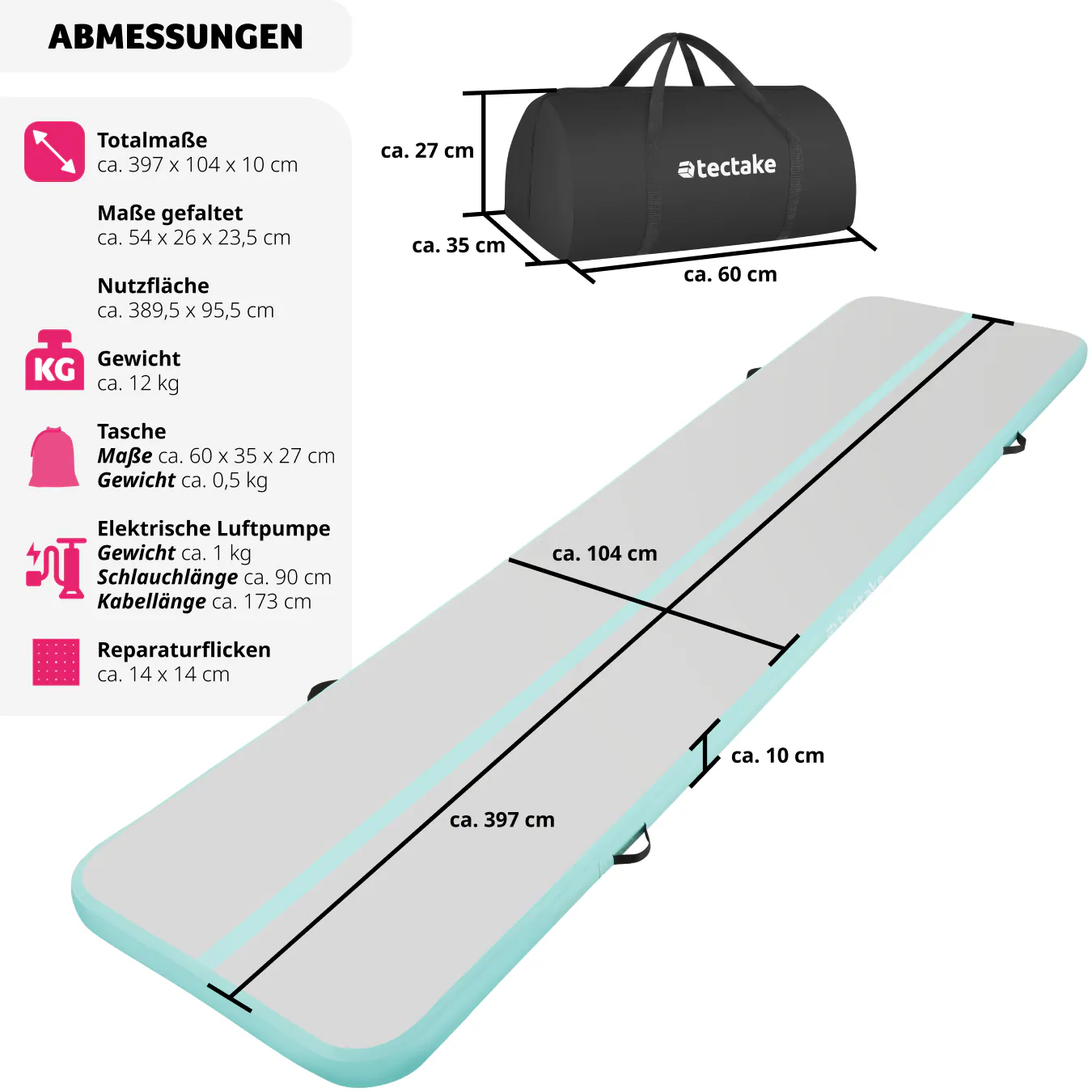tectake® Airtrack Trainingsmatte, aufblasbar, rutschfestes, hochwertiges PVC, inkl. Transporttasche, 397 x 104 x 10 cm