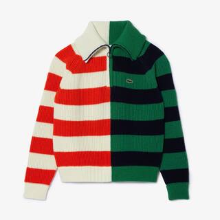 Pull col zippé à rayures contrastées en laine Pullovers - Blanc - Lacoste - Femme