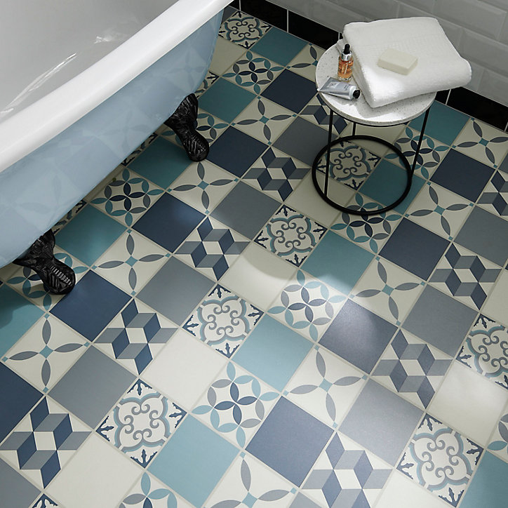 Dalle PVC clipsable Jazy Carreaux de ciment bleu 30,5 x 61 cm GoodHome (vendue au carton)