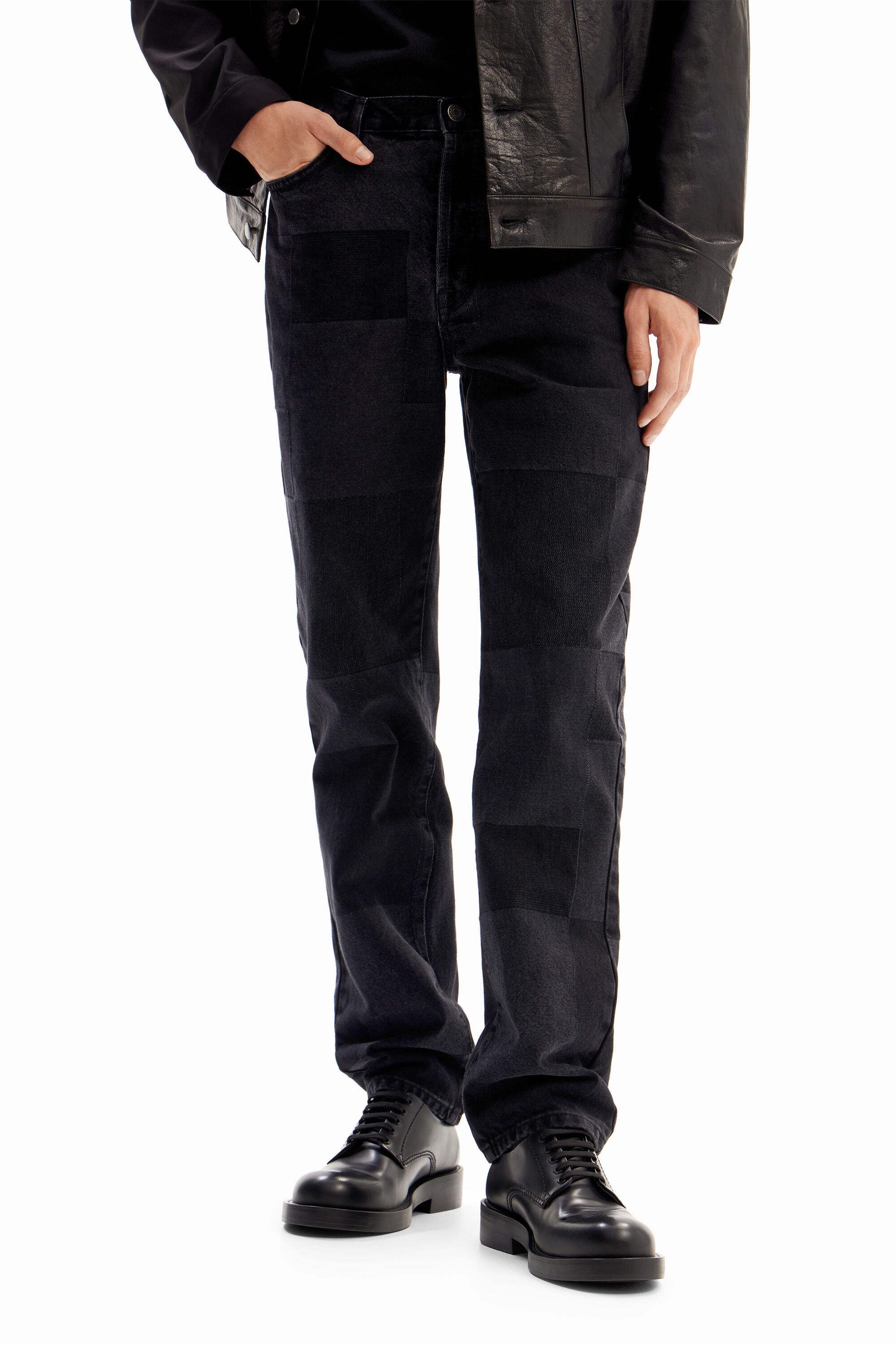 calça jeans xadrez reta