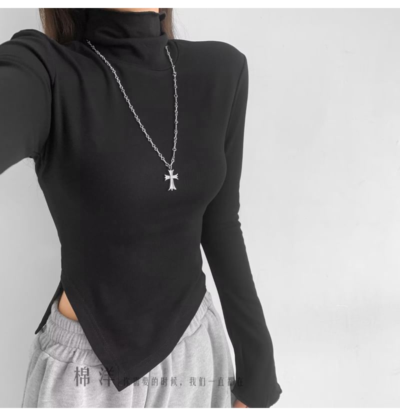 Honmizz - T-shirt met lange mouwen en col, asymmetrische en slanke pasvorm