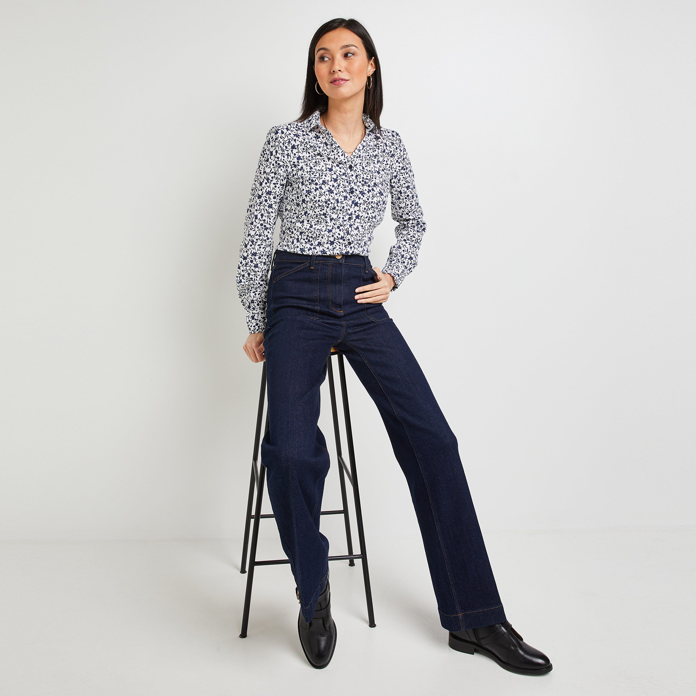 Chemise structurée imprimée femme - BLEU