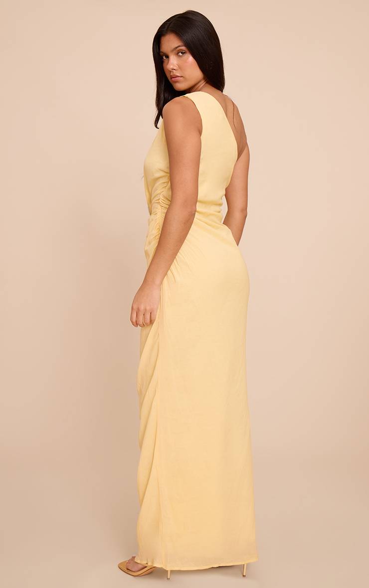 Citron Robe Longue Froncée Asymétrique À Une Épaule Texturée