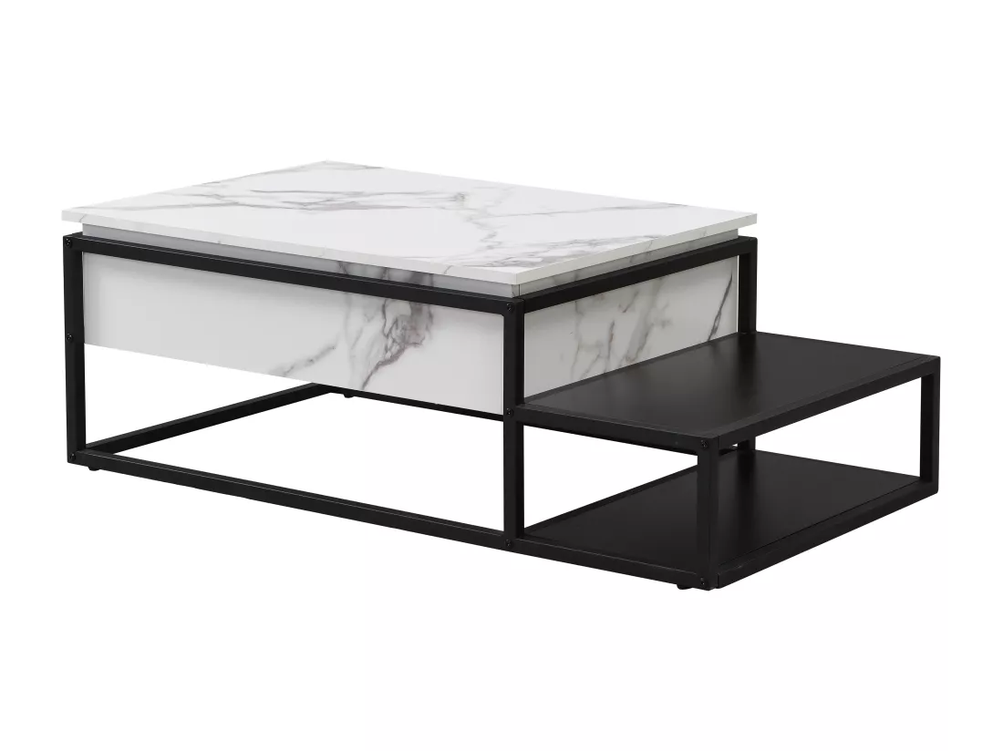 Table basse avec plateau relevable en MDF et métal - Effet marbre blanc et noir - LUTESA
