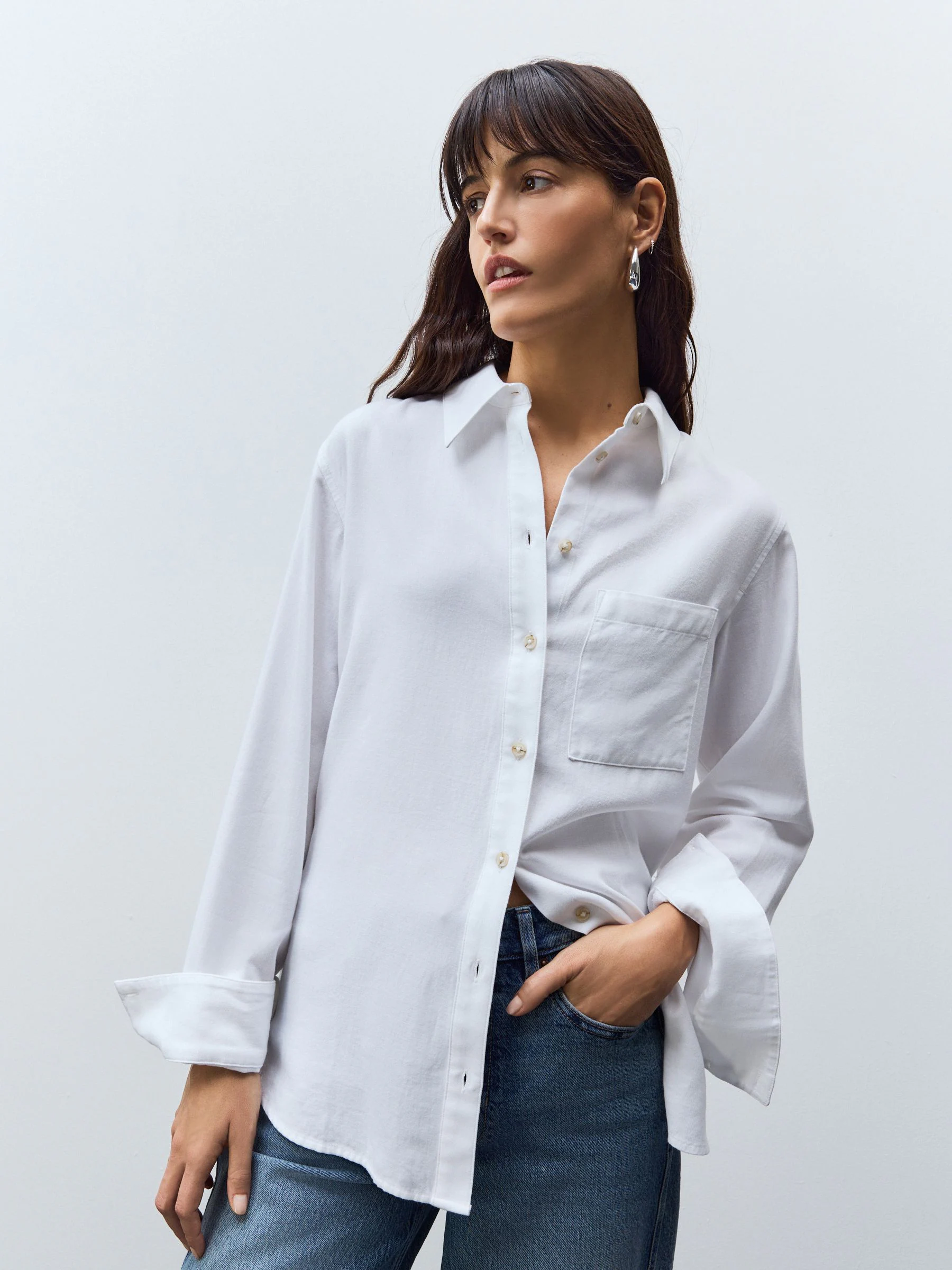 Wit - Ruimvallend 100% katoenen button-down casual overhemd met lange mouwen