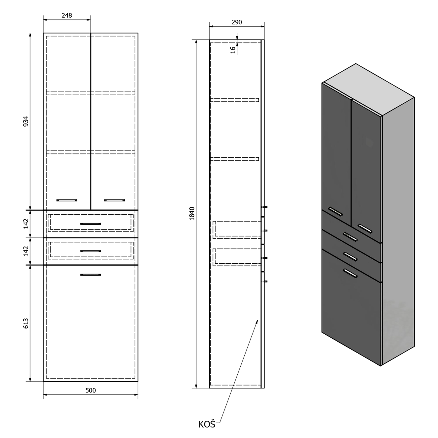 Sapho Zoja kolomkast met wasmand 50x184cm eiken platina