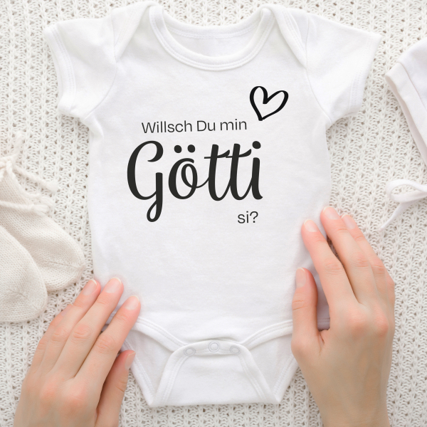 Baumwoll Baby Body Kurzarm Strampler mit Botschaft (Gr. 62/68) - Willsch Du min Götti si?