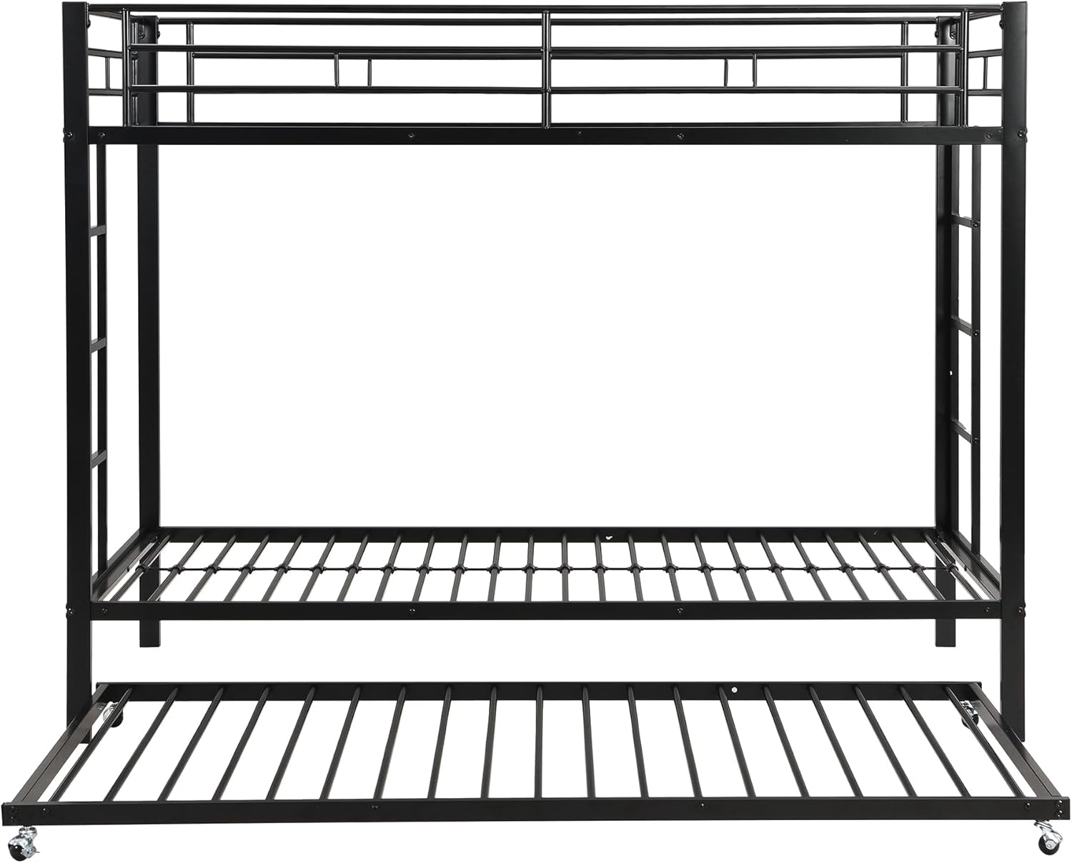 Dreier Hochbett Etagenbett 90x200cm mit Ausziehbett und Leiter, Kinderbett für 3 Kinder mit hohe Geländer, Familienbett Eisenrahmenbett, ohne Matratze (Schwarz)
