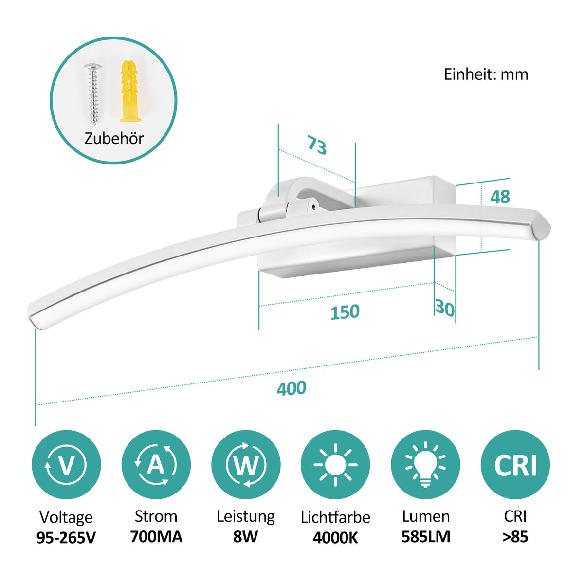 EMKE LED-spiegellamp, badkamerspiegellamp, 40 cm, 180° draaibaar, LED-badkamerspiegelkastverlichting, 4000K wit