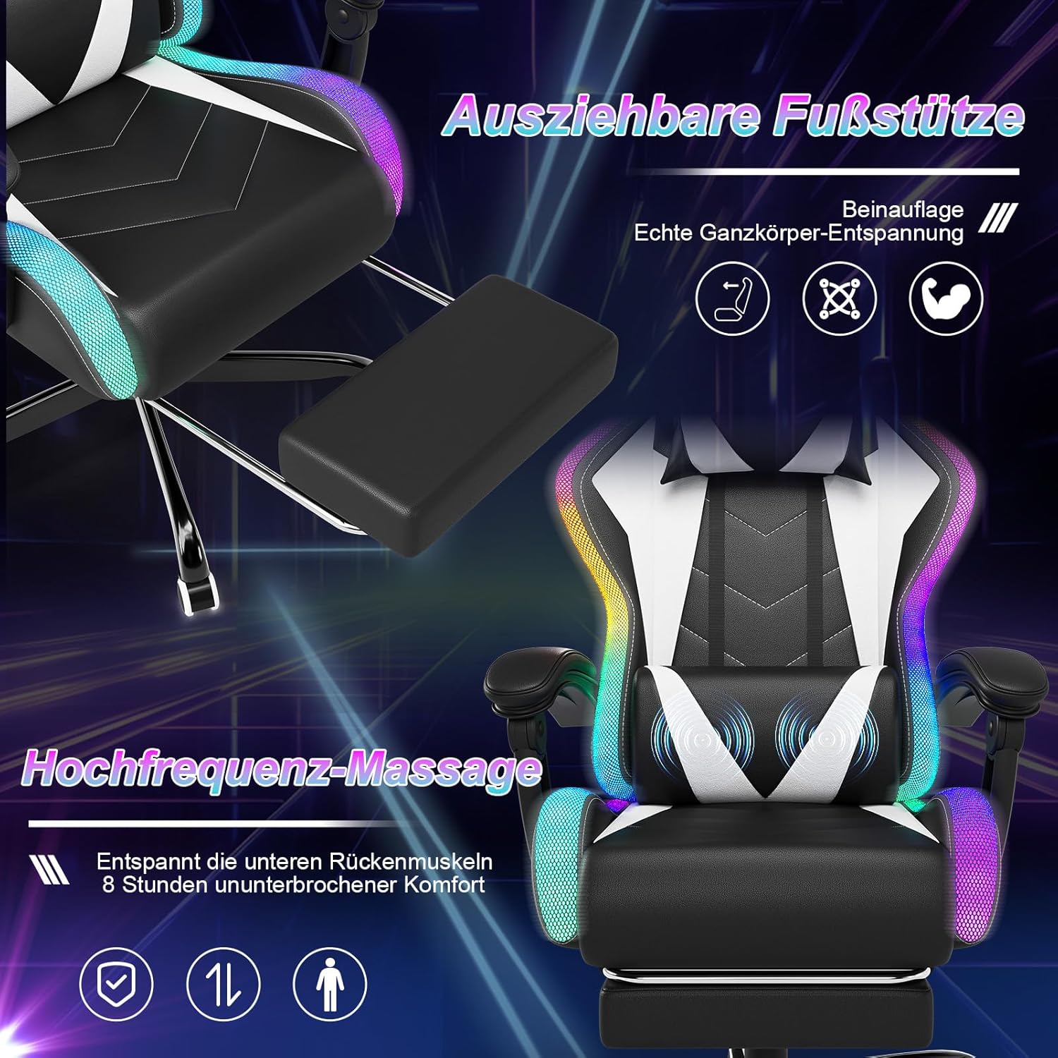 Devoko LED Gaming Stuhl, Cool und Augenschonendes. Ergonomischer Bürostuhl mit Massagefunktion, Teleskop-Fußstütze, Verstellbarem Rückenlehnen von 90-135°,Gamer Stuhl 150 kg belastbarkeit, Weiß