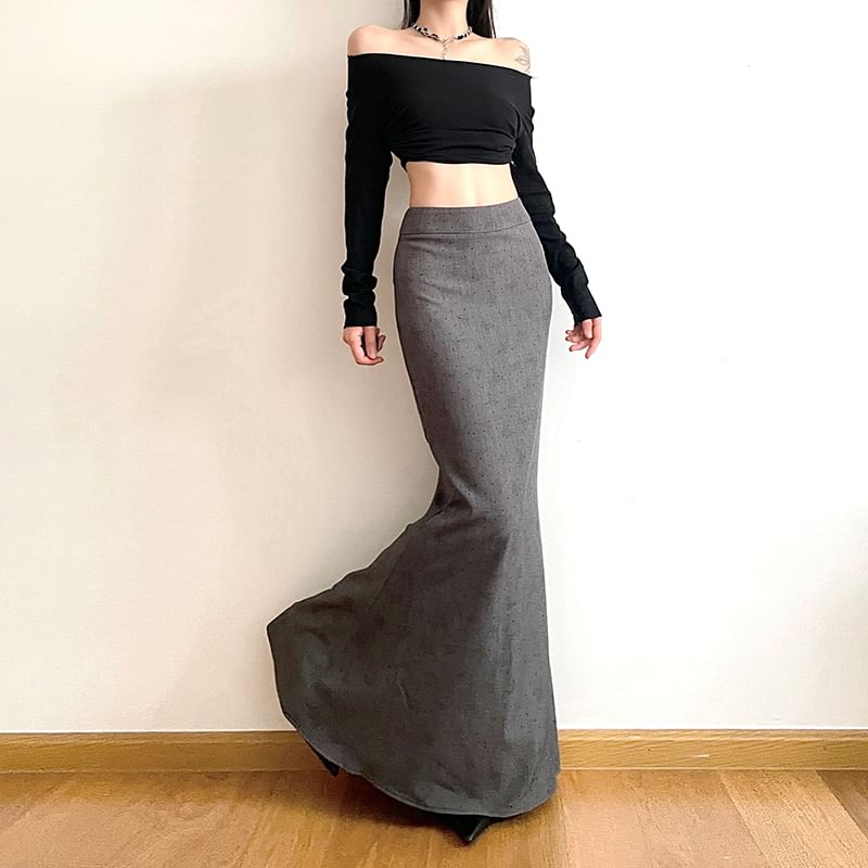 GAGAO - Maxi-rok met hoge taille en vlinderprint en strassaccenten