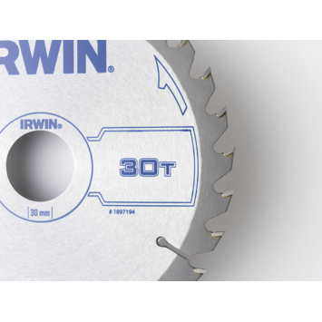 Irwin cirkelzaagblad Ø165 mm. Inclusief reduceerringen waardoor geschikt voor asgat 16, 20 en 30 mm, vertanding 30T