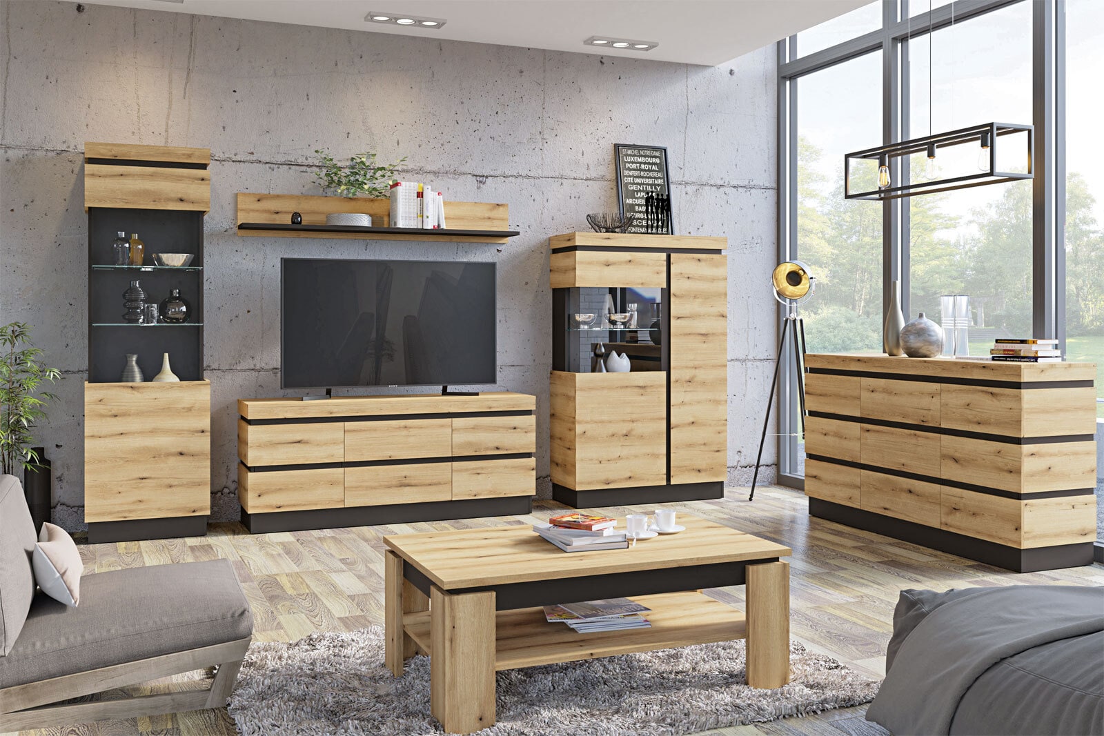 Sideboard Corte 201 x 92 cm Coast Evoke-Eiche-Dekor/Kosmos grau