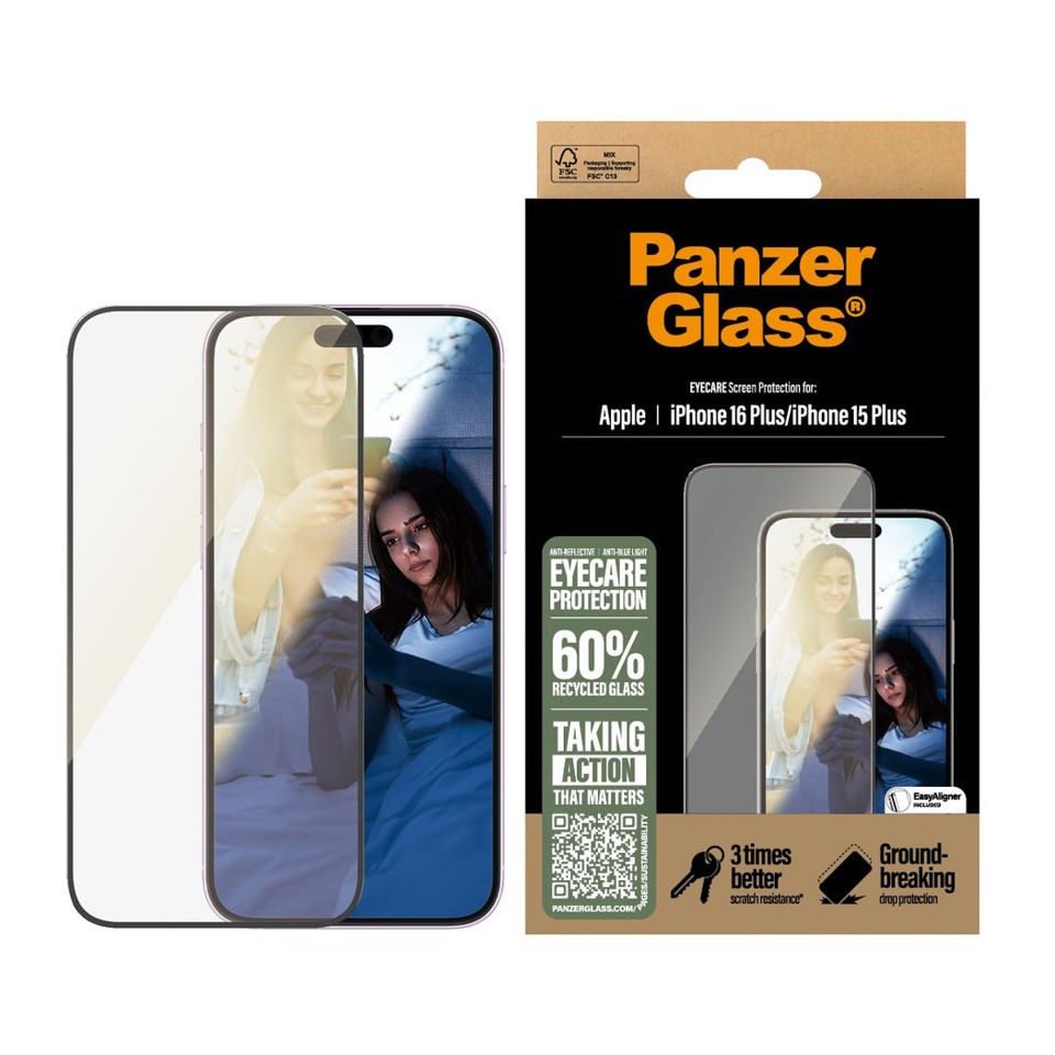 PanzerGlass - EyeCare Skærmbeskyttelse - iPhone 16 Plus - Ultra Wide Fit