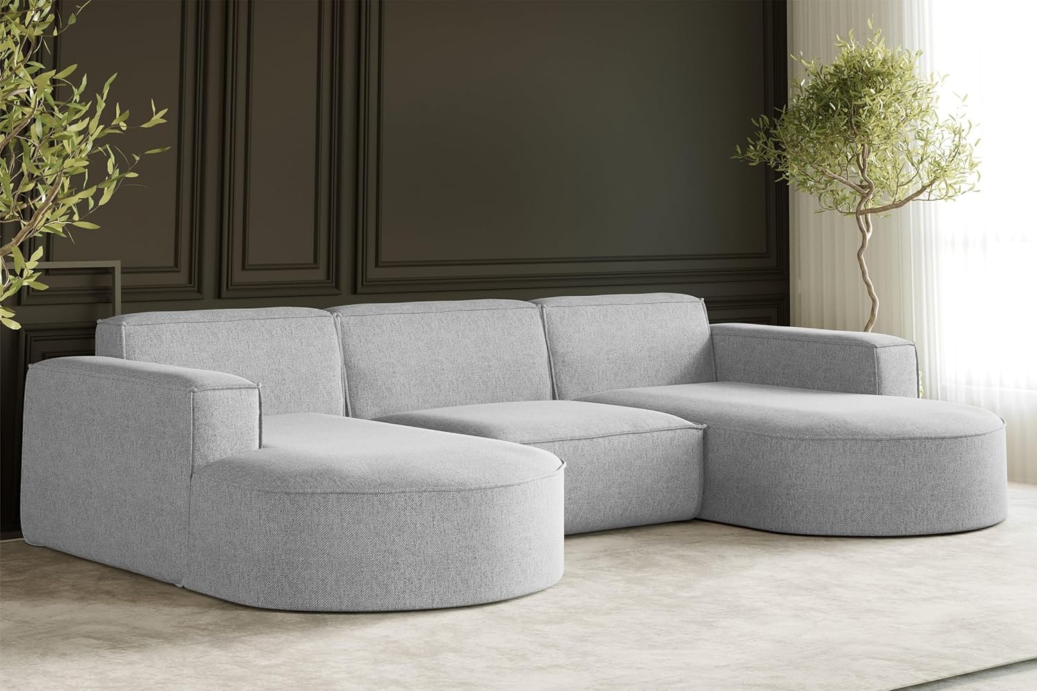 Kaiser Möbel - Ecksofa mit Wohnlandschaft, Sofa U-Form, Polstersofa, Bequemes Couch mit Ottomanen für Wohnzimmer, Relaxsofa, Bigsofa, Lounge-Set U Form, Verita Stoff, Modena U Studio, Grau