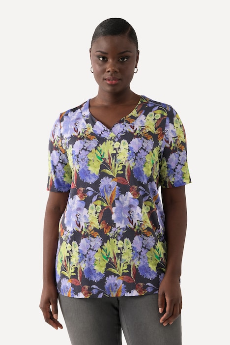 Slinkyshirt, Blüten, Classic, V-Ausschnitt, Halbarm