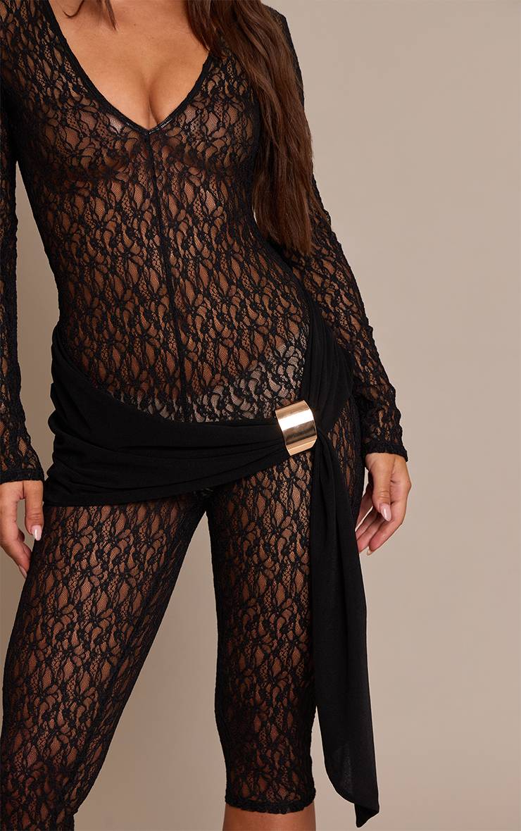 Noir Combinaison Capri En Dentelle Avec Détail Ceinturé