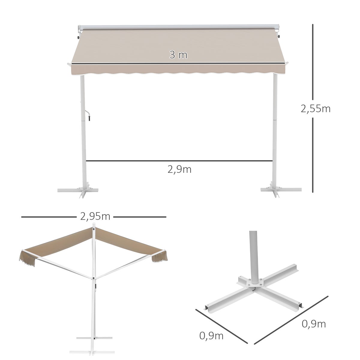 Vrijstaande zonnescherm Outsunny, 300cm x 295cm x 255cm, metaal+polyester, crèmewit