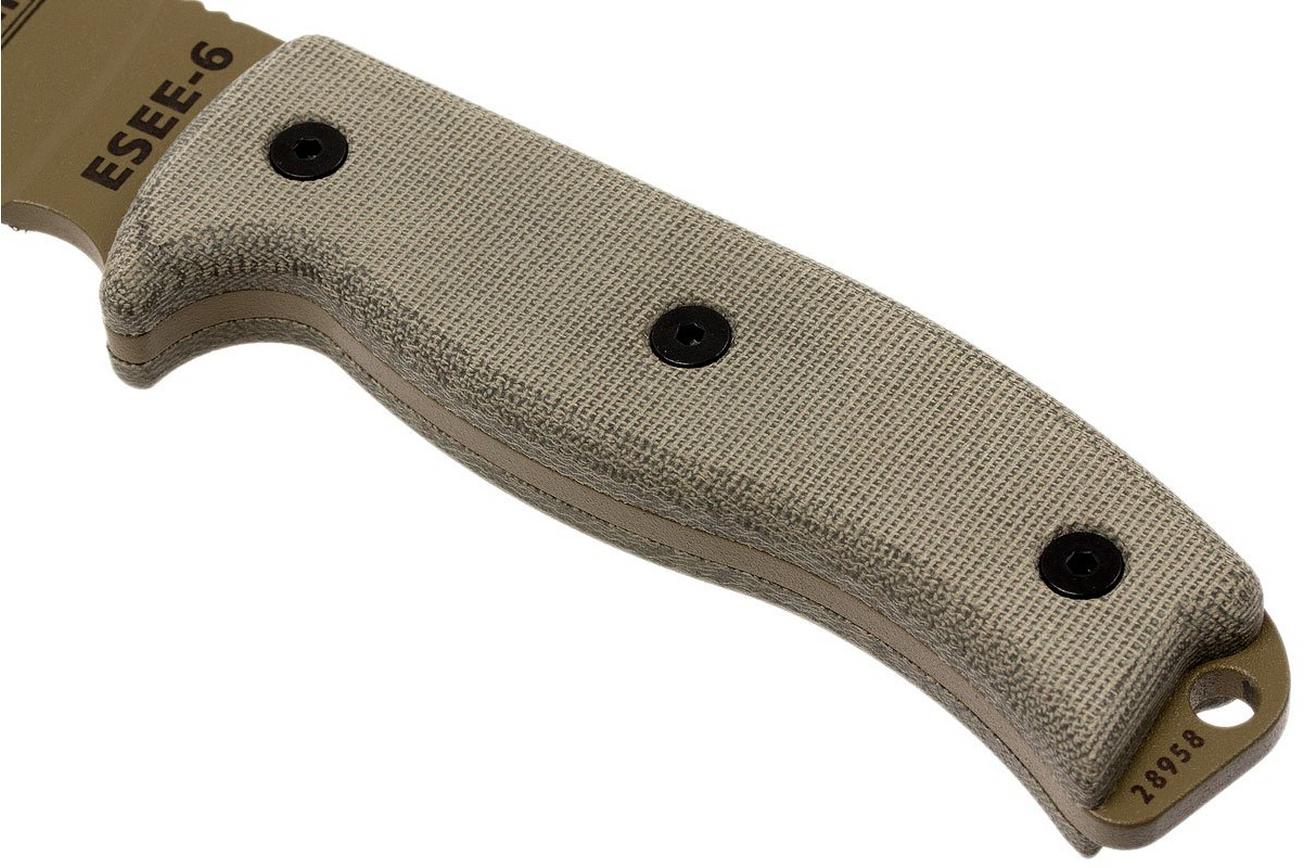 ESEE Model 6 desert tan blade 6P-DE survivalmes met zwarte schede   riemclip