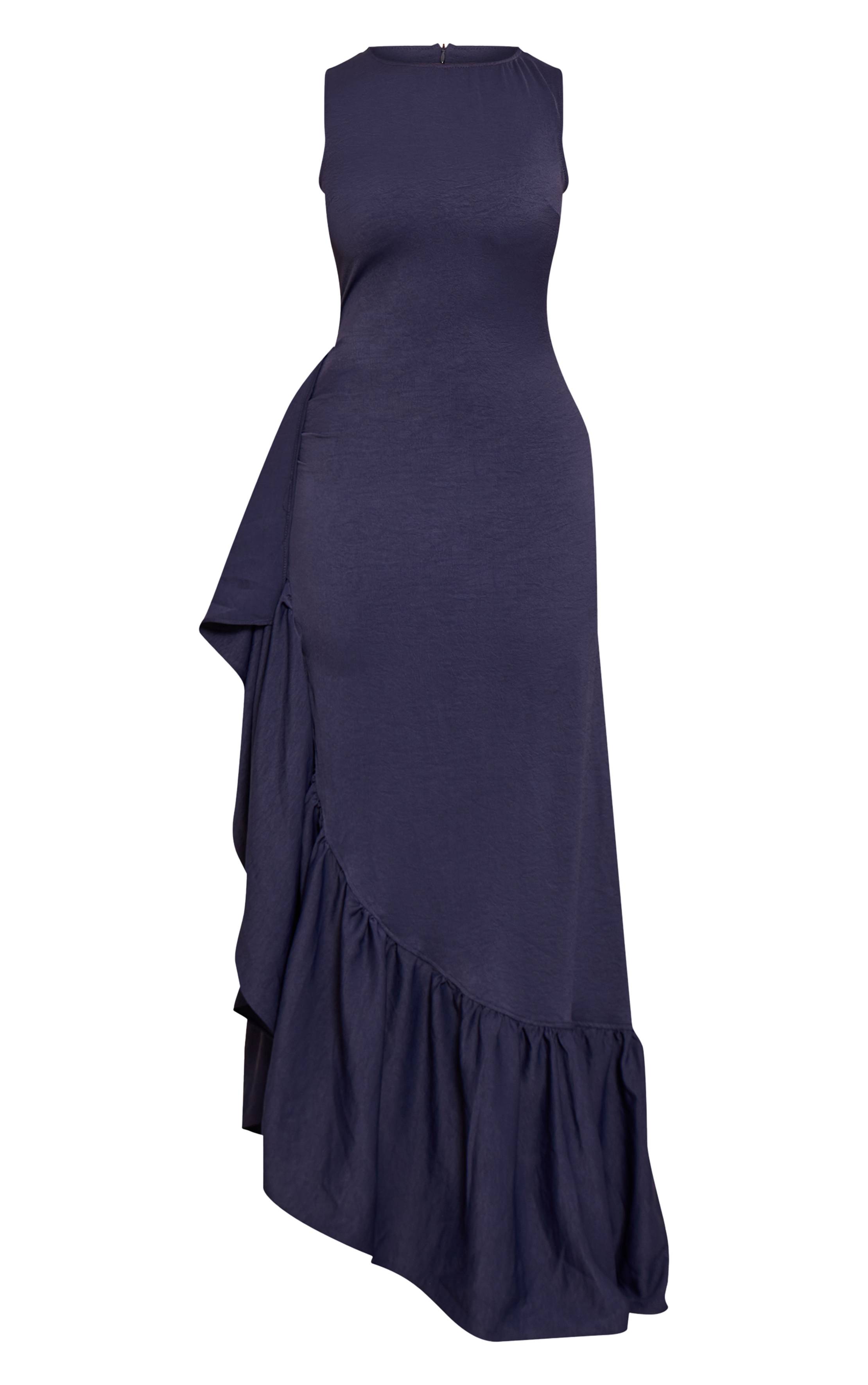 Bleu Marine Robe Maxi Moulante En Tissu Stretch À Encolure Bateau Avec Fente Latérale Et Volant