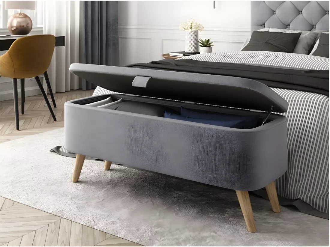 Bout de Lit avec Rangement en Tissu avec Pieds Bois - L101cm