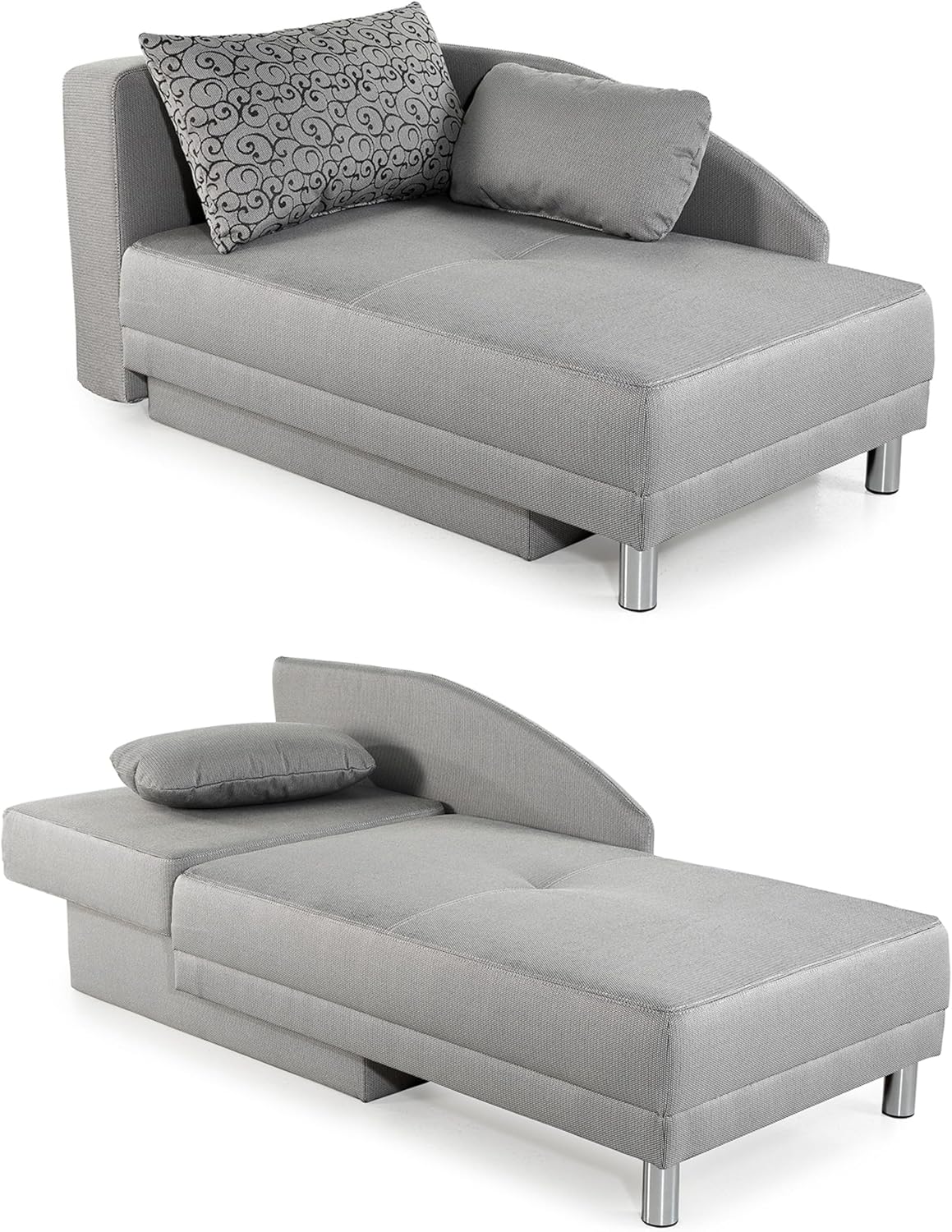 Stilvolle Recamiere mit Schlaffunktion und Bettkasten, B149/T90/H80 cm, Federkernpolsterung, ausziehbar zur Liegefläche von 200 x 84 cm, Stoff Flachgewebe in Hell Grau / 15122
