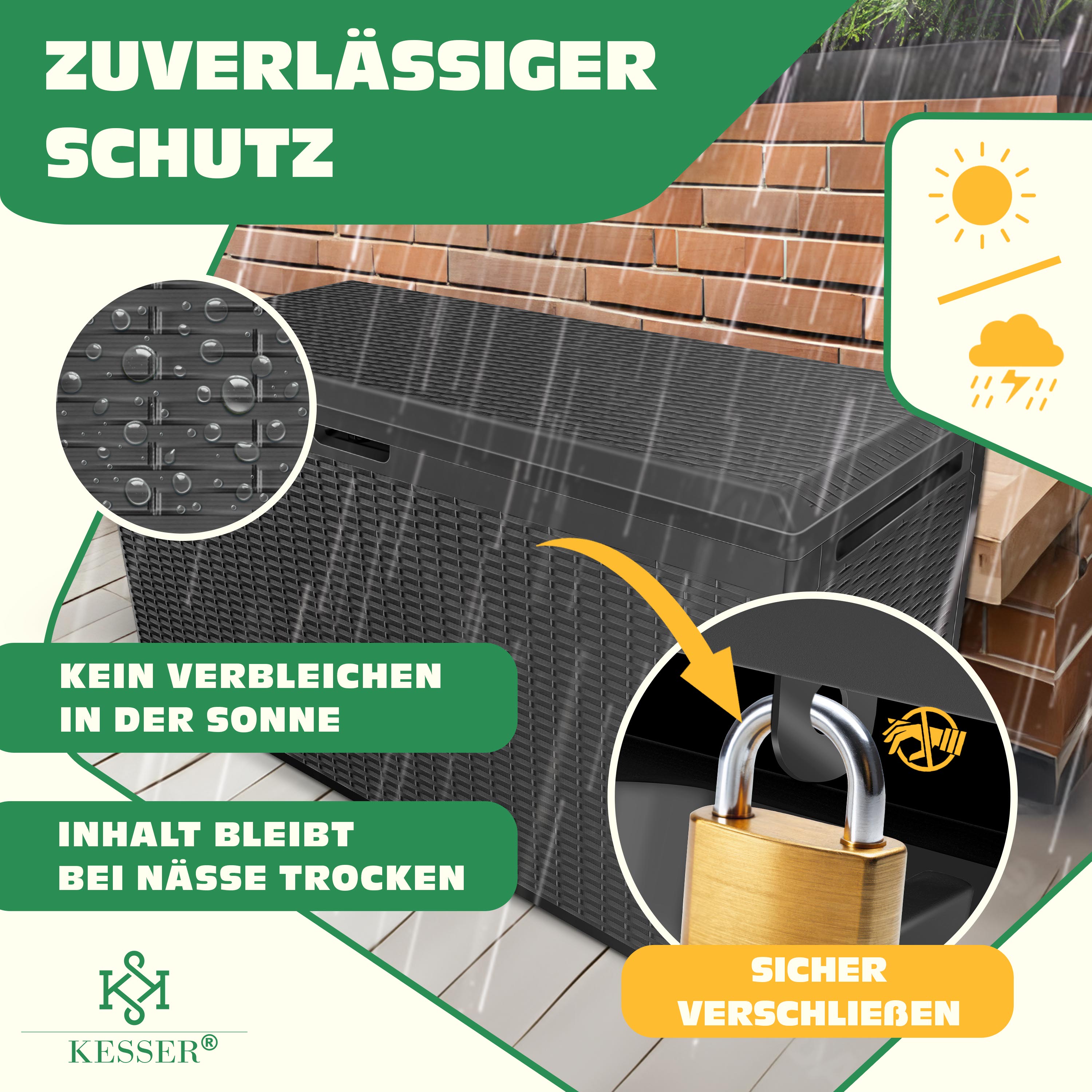 KESSER® Auflagenbox Rattanoptik Kissenbox 290 Liter mit Rollen klappbarer Deckel Haltegriffe Rattanoptik Gartenbox wetterfeste Gartenkiste Aufbewahrungsbox