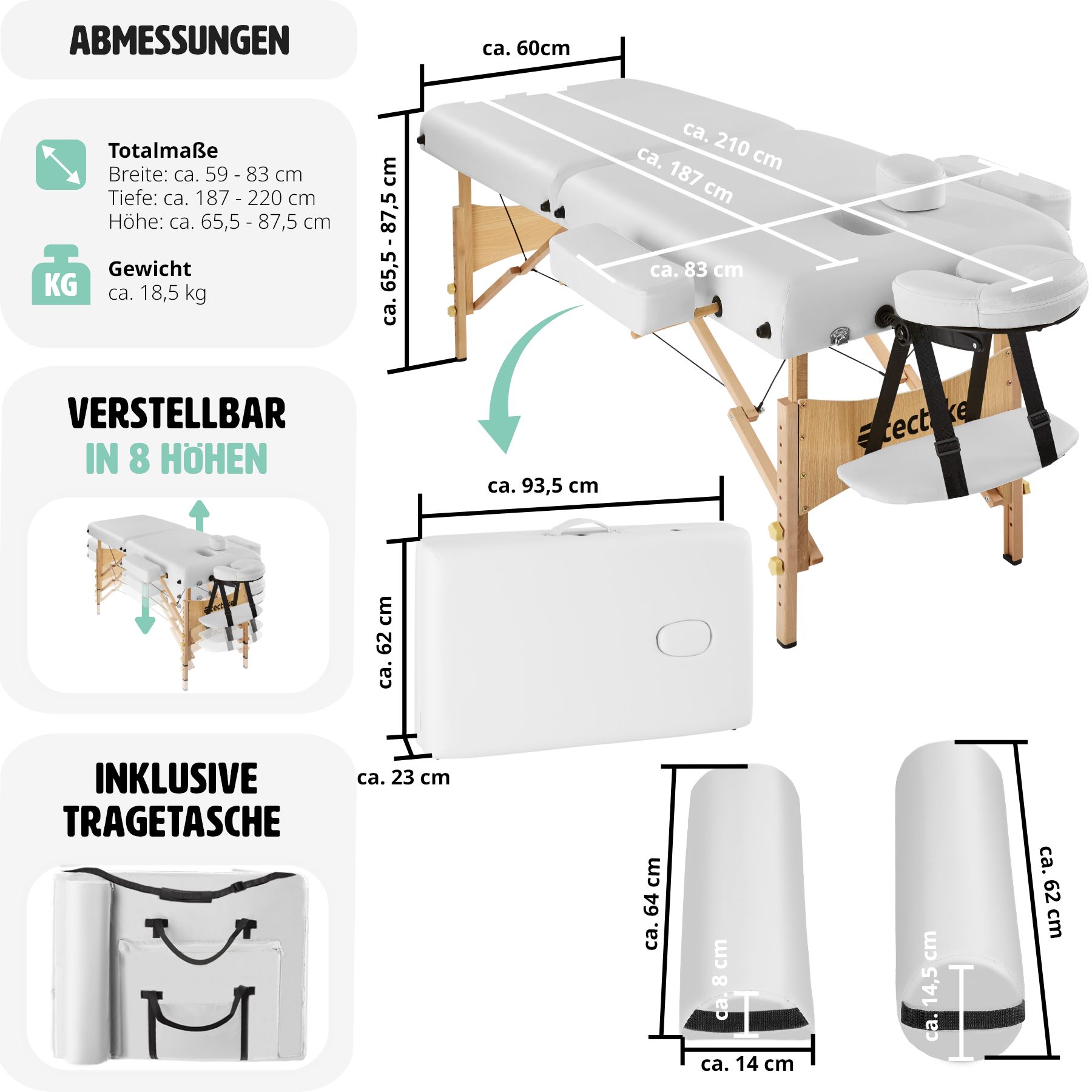 tectake® 2 Zonen Massageliege, inklusive Lagerungsrollen und Tragetasche, klappbar und höhenverstellbar, 220 x 83 x 65,5 - 87,5 cm