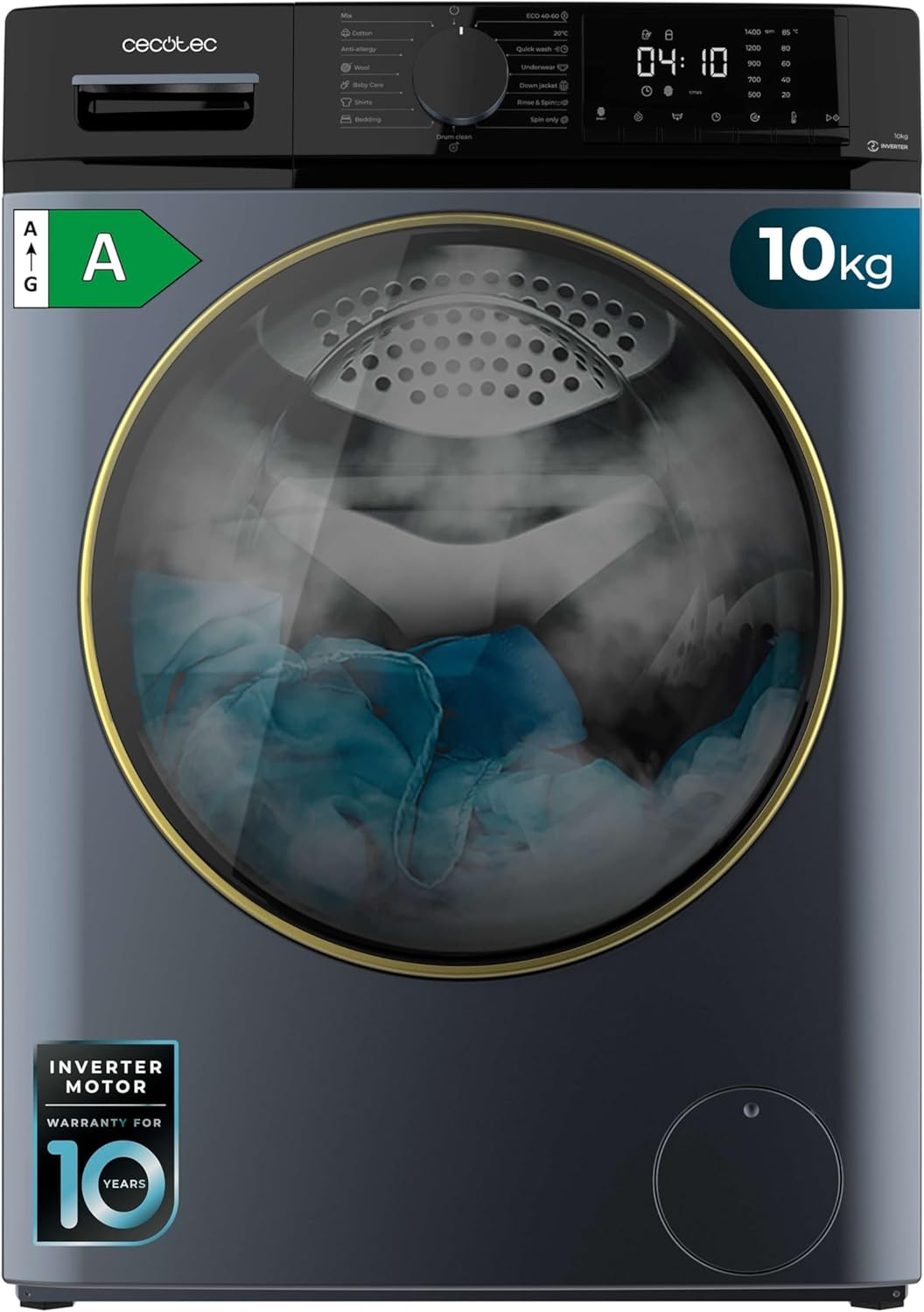 Cecotec Lave-linge 8 kg Bolero DressCode 8610 Inverter Steel A. Chargement Frontal, 1400 RPM, SteamMax, Motor Inverter Plus, 15 Programmes, OnSmart, Stop&Go, DrrumClean, Caoutchouc Antibactérien