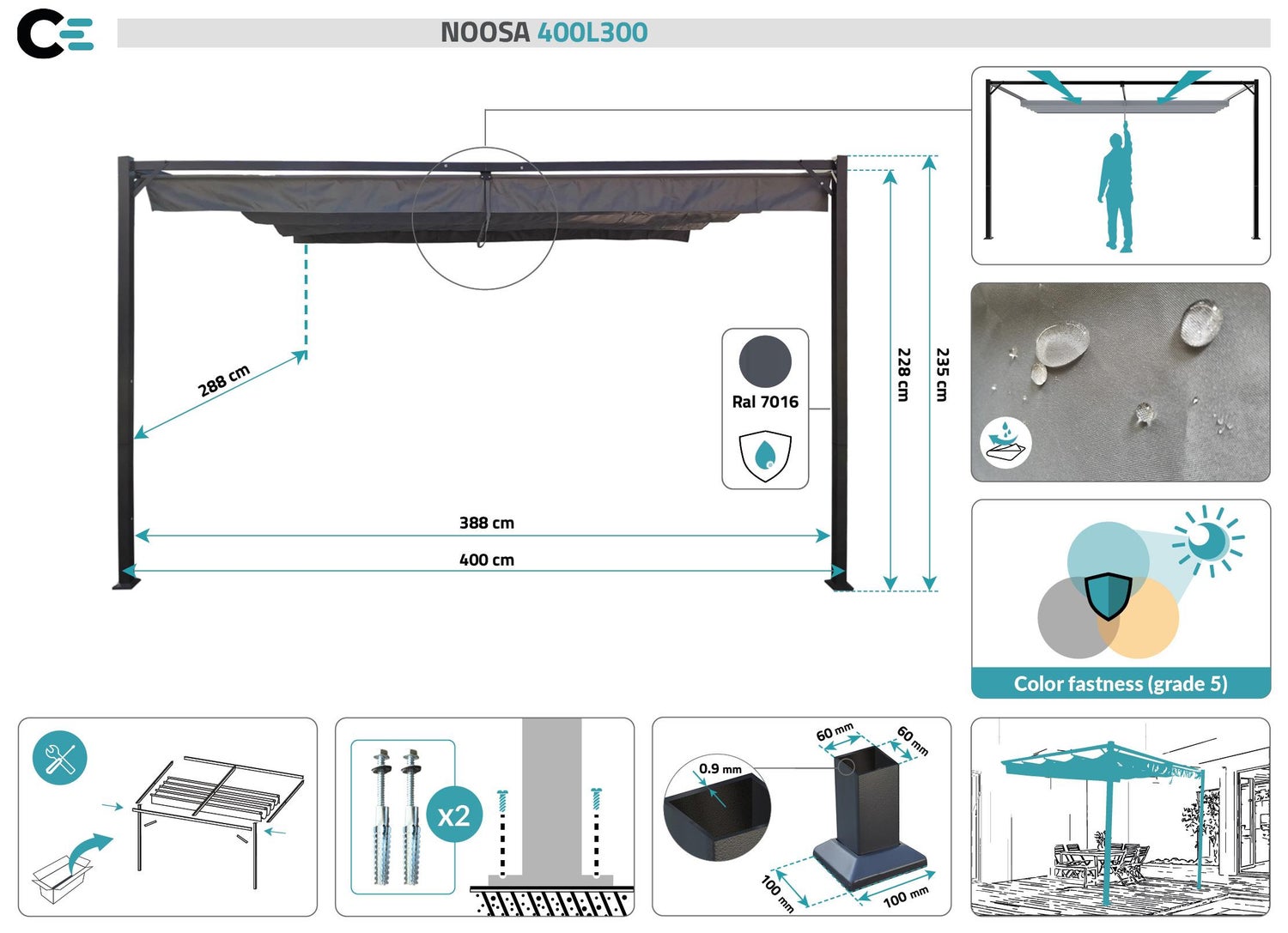 Pergola NOOSA 400L300 Lichtgrijs Wandmontage