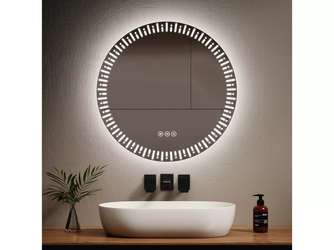 EMKE Miroir led salle de bain ф70 cm Miroir salle de bain lumineux avec 3 Couleurs de lumière réglables+Anti-buée, Économie d'énergie miroir led