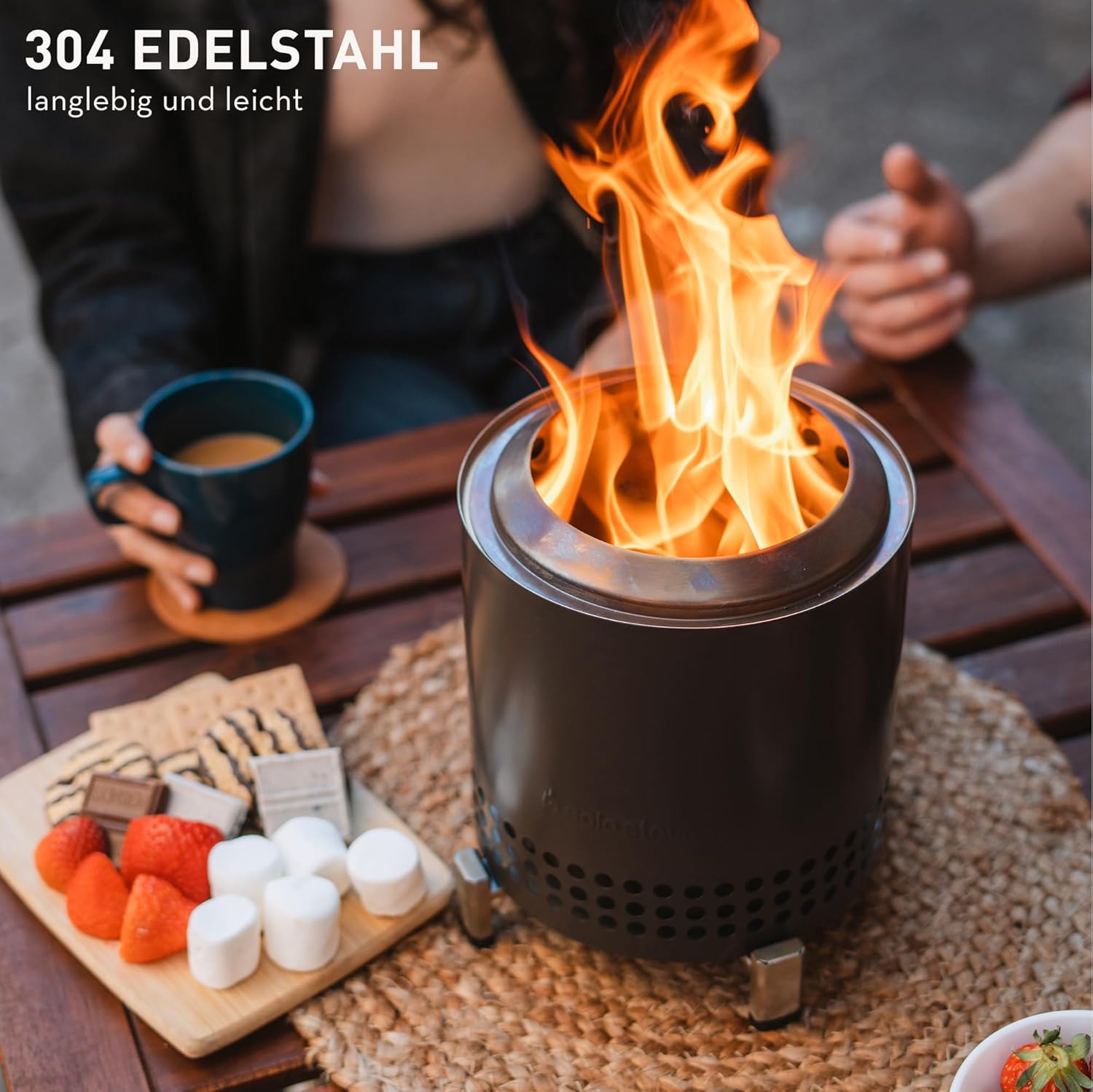 Solo Stove Mesa XL Tischfeuer Outdoor | Raucharmer Mini Tischkamin, Deko für Garten, Terrasse und Balkon, Für Pellets/Holz, Edelstahl, Inkl. Standfuß, Aufbewahrungsbeutel, 21,8 x 17,8cm, 1 kg, Silber