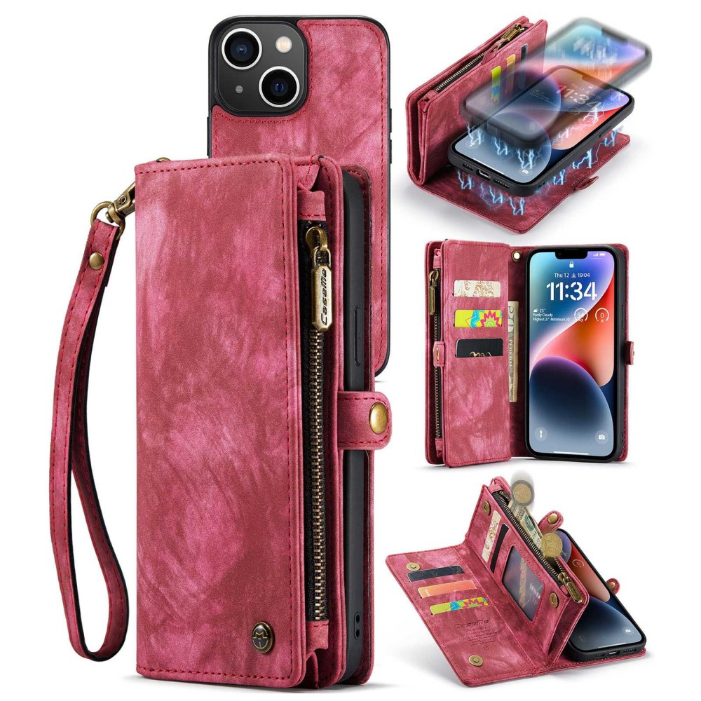 iPhone 14 2in1 Leder Tasche   Magnet Hardcase Karten Etui - Rot