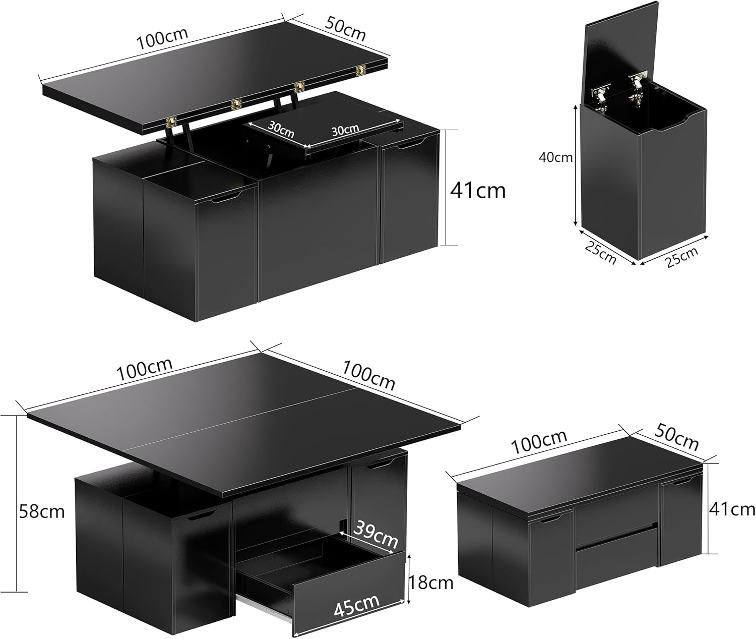 Couchtisch Umwandelbar in Wohnzimmer-Esstisch, 4 in 1 Couchtisch Höhenverstellbar, Multifunktions-Wohnzimmertisch mit Schublade & verstecktem Fach, Sofatisch Kaffeetisch Esstisch mit 4 Hockern,Schwarz
