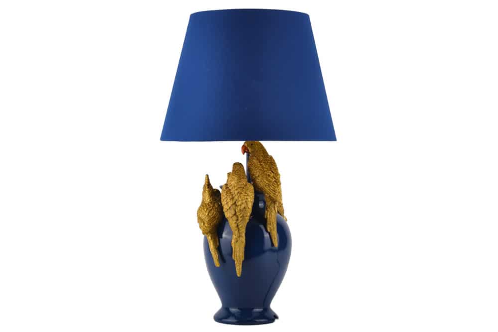 Handgefertigte Tischlampe PARROT 55cm blau gold Papagei-Skulptur Stoffschirm