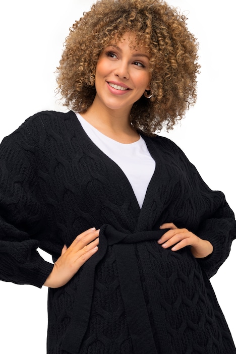 Strickjacke, Zopfmuster, Oversized, Bindegürtel
