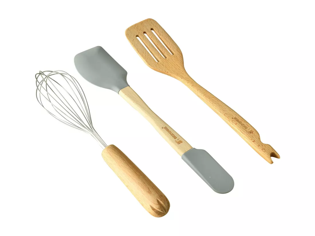 Lot de 3 ustensiles de cuisine multifonctions GENIUS 2 en 1 en bois et silicone Bergner.