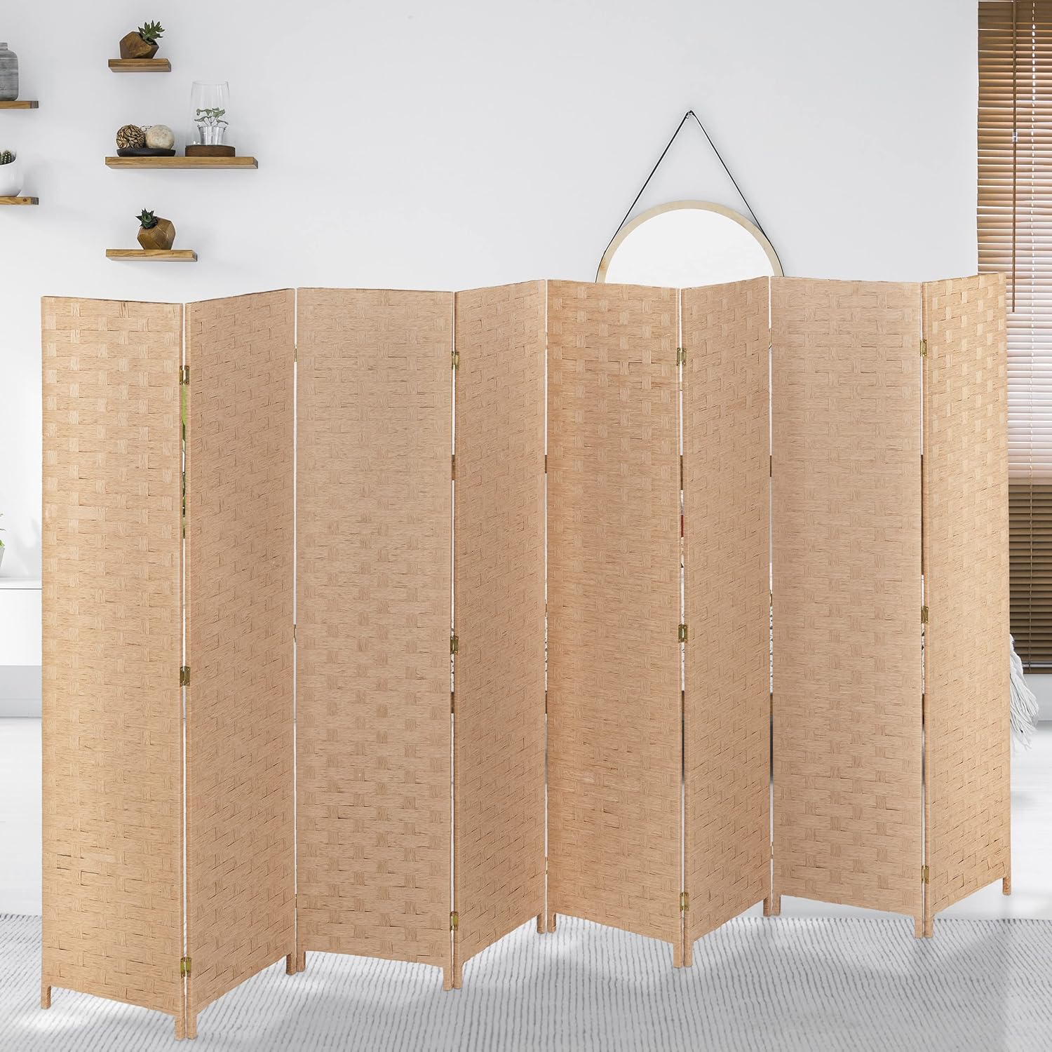 Relaxdays Paravent, 8-teilig, Raumtrenner faltbar, HxB 170x320 cm, Sichtschutz innen, Holz, Papierseil, Trennwand, Natur