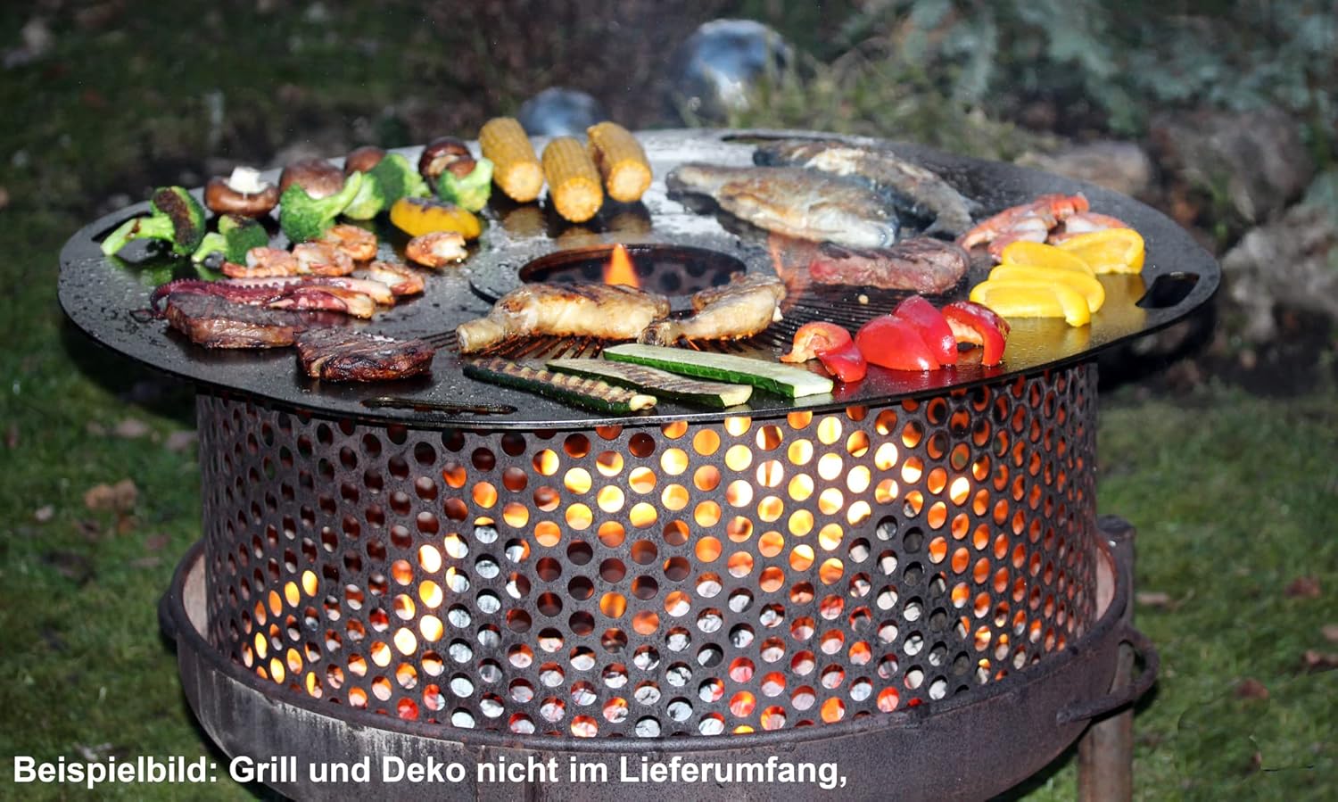 Premium Feuerplatte 80 cm - 5mm dick - Grillring & BBQ-Platte (mit Feinem Grillrost) & 4 Handgriffen - Ultimatives Grilldisk-Erlebnis für Feuertonnen & Feuerring