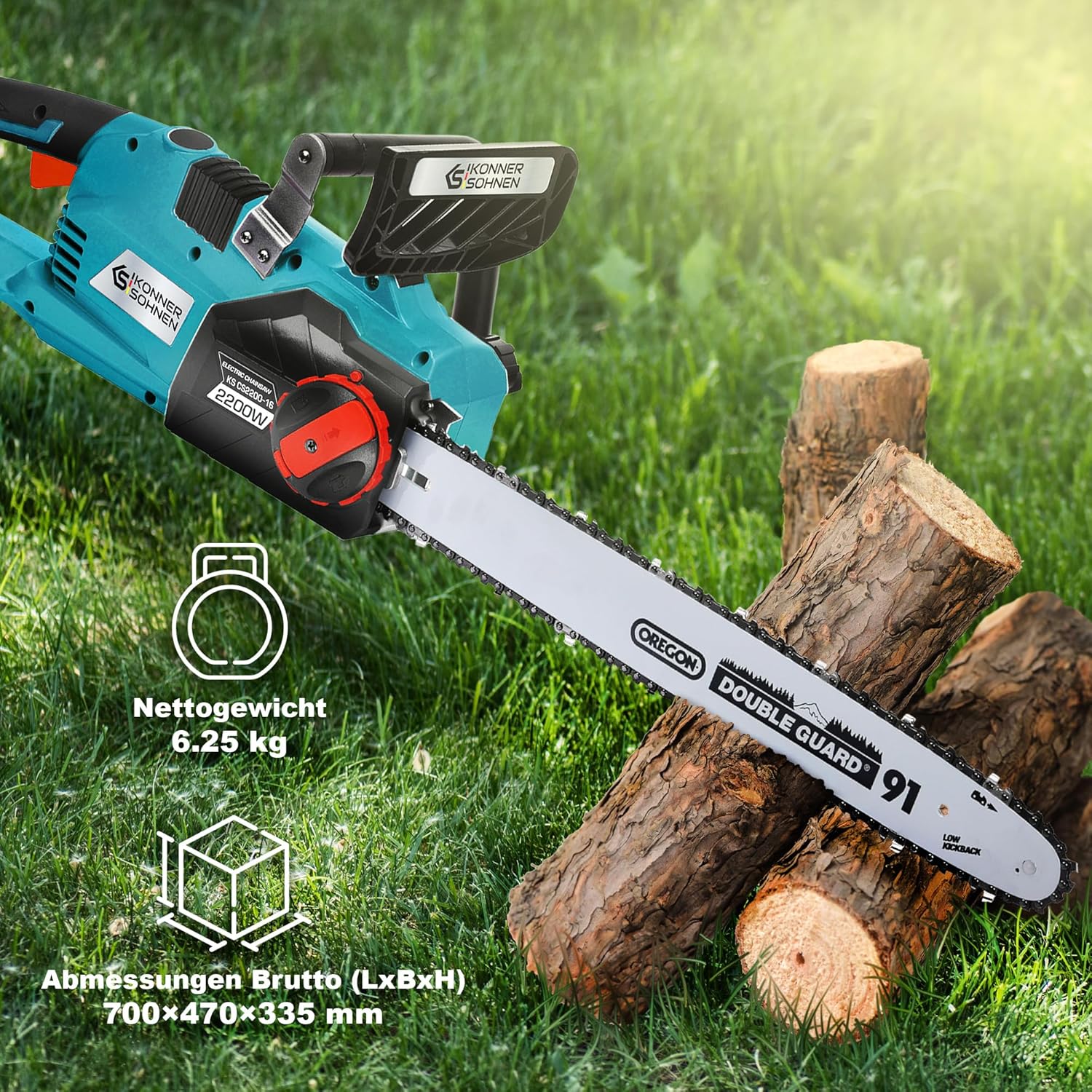 Elektro-Kettensäge KS CS2200-16, Leistung 2200 W, Kettenlänge 16 (40 cm), Kettengeschwindigkeit 14 m/s, Kettenspannung ohne Werkzeug