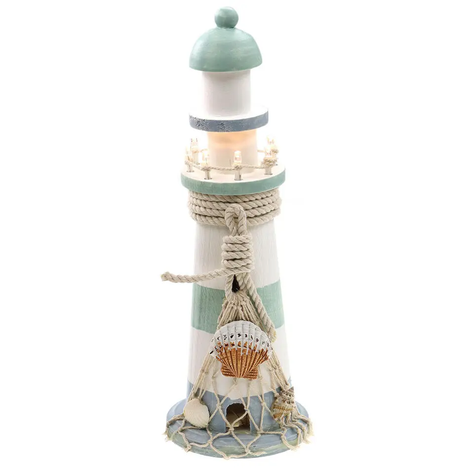 Vuurtoren beeldje - Hout - 10 x 30 cm - wit/mintgroen