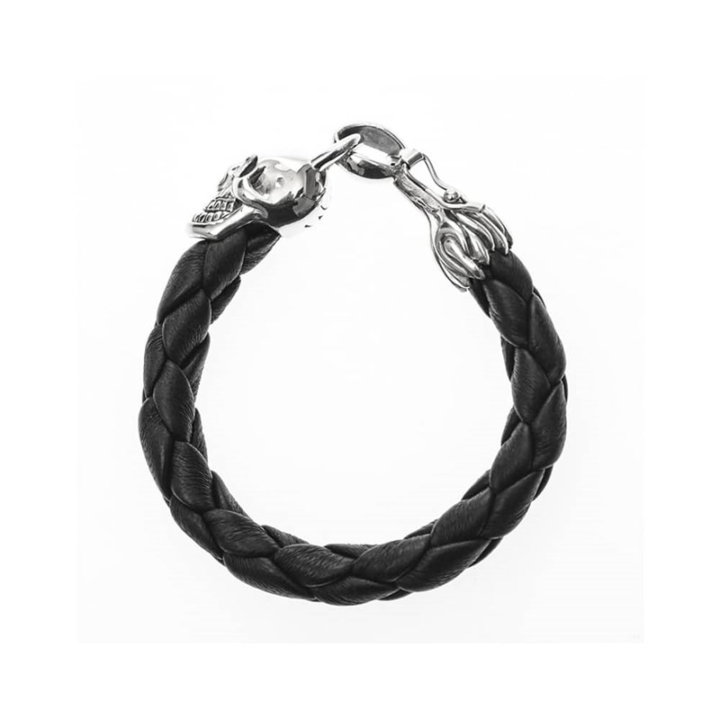 Bracelet Homme Cuir Noir Tête De Mort En Argent