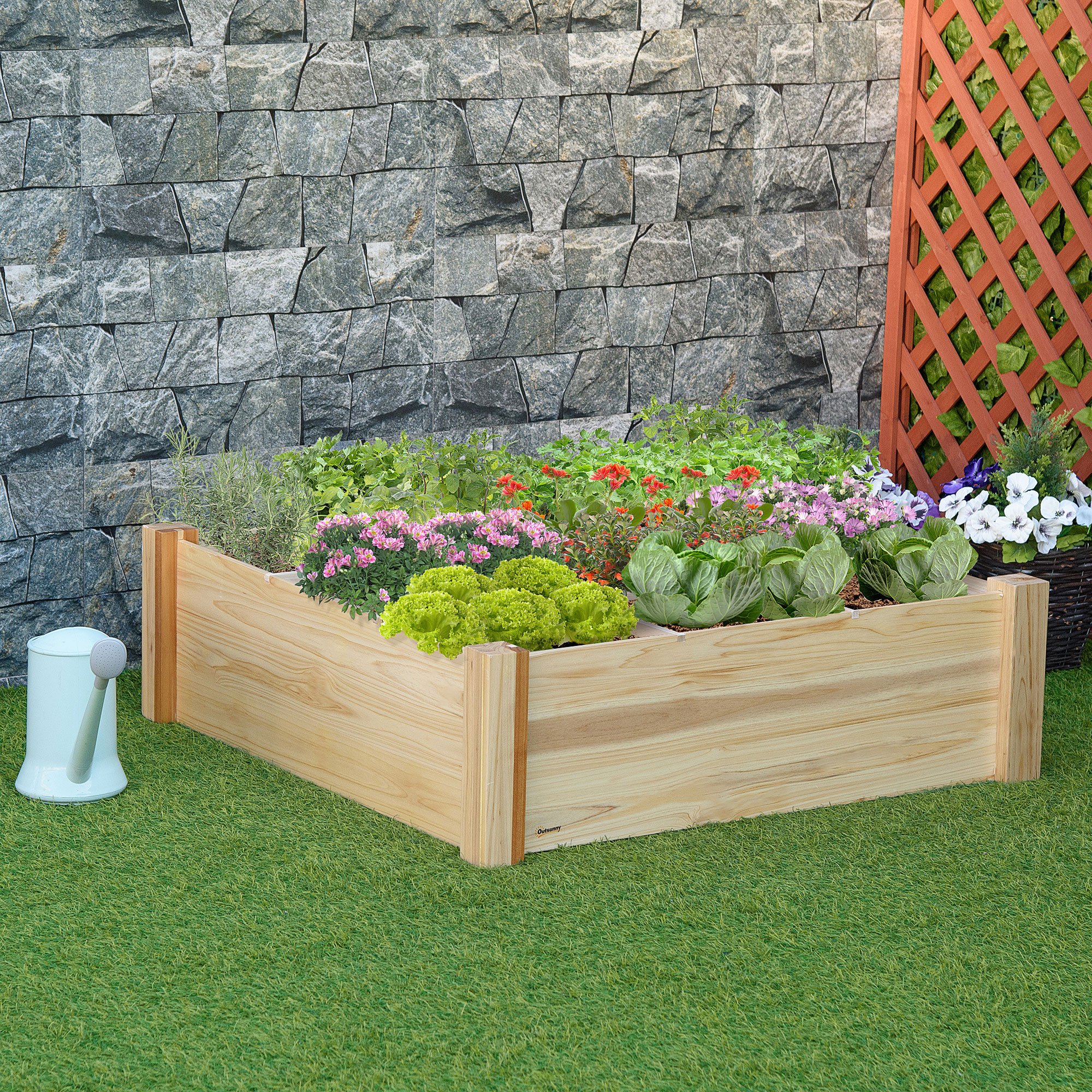 Jardineira urbana quadrada de madeira Outsunny, 90x90x28 cm, com 9 compartimentos removíveis, ideal para o cultivo de plantas e flores, cor natural.
