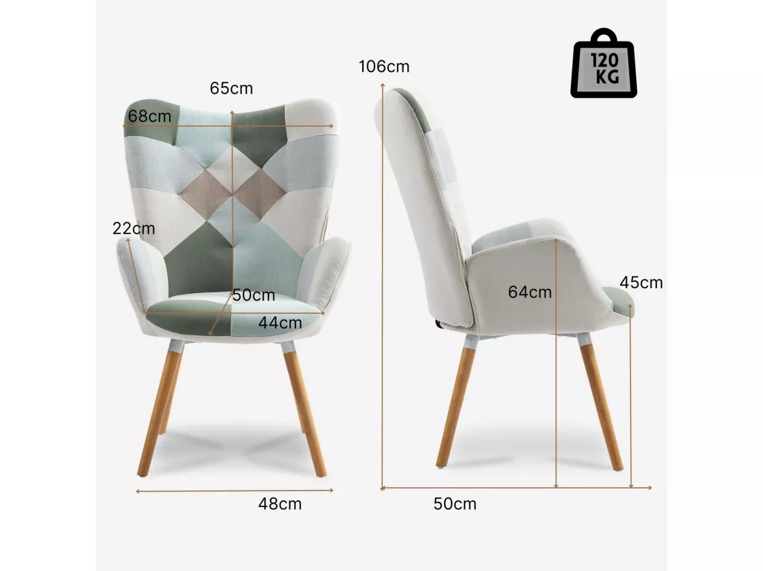 MEUBLES COSY Fauteuil Scandinave Chaise de Canapé de Loisirs pour Salon Salle à Manger Bureau avec Un Revêtement en Tissu, Accoudoirs Rembourés et des Pieds en Bois Massif, Patchwork Vert, 68x50x106cm