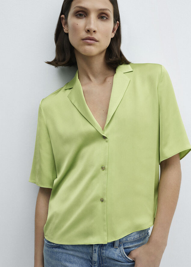 MANGO Short-sleeved satin shirt Green