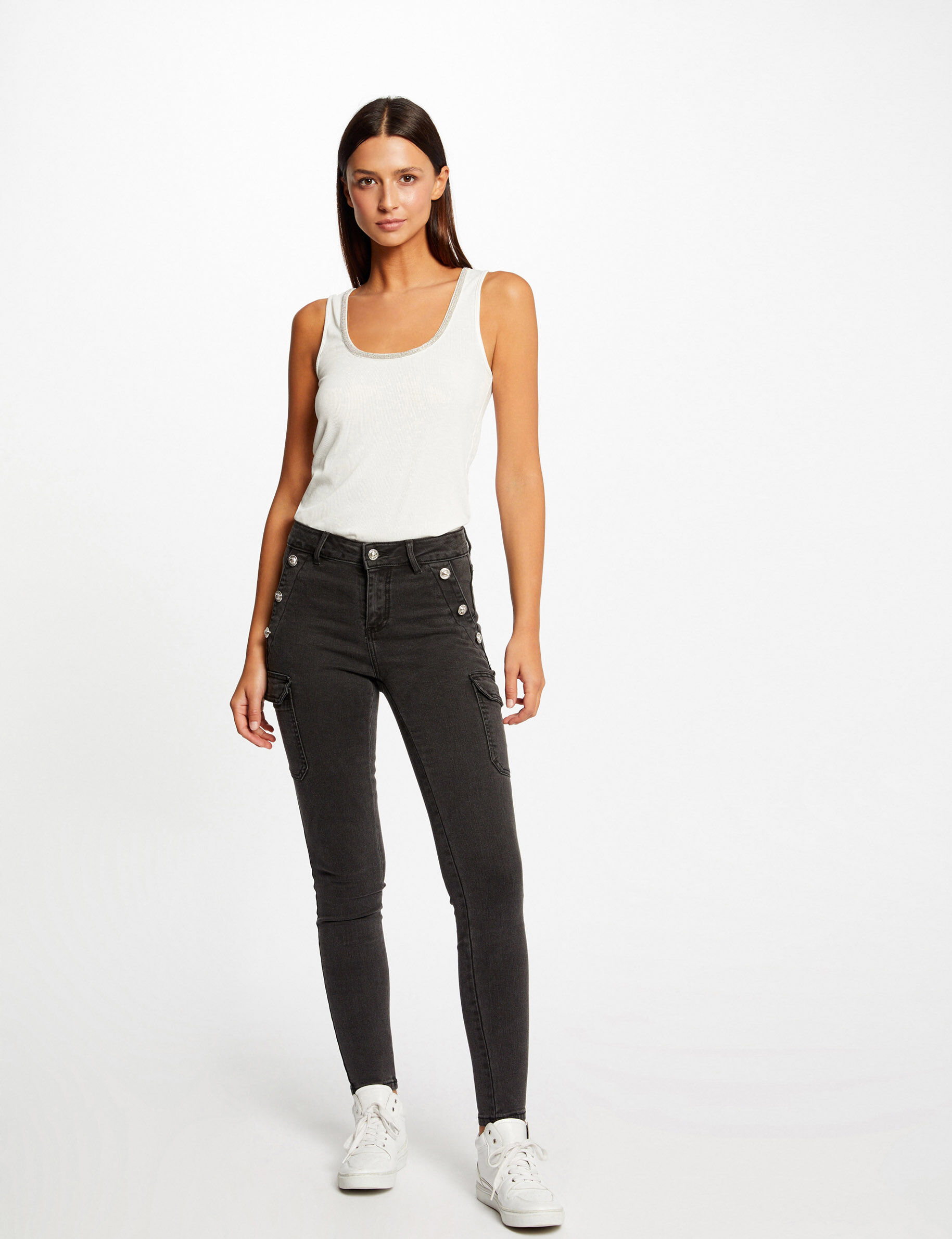 Jeans cargo skinny à ponts gris moyen femme - gris_moyen