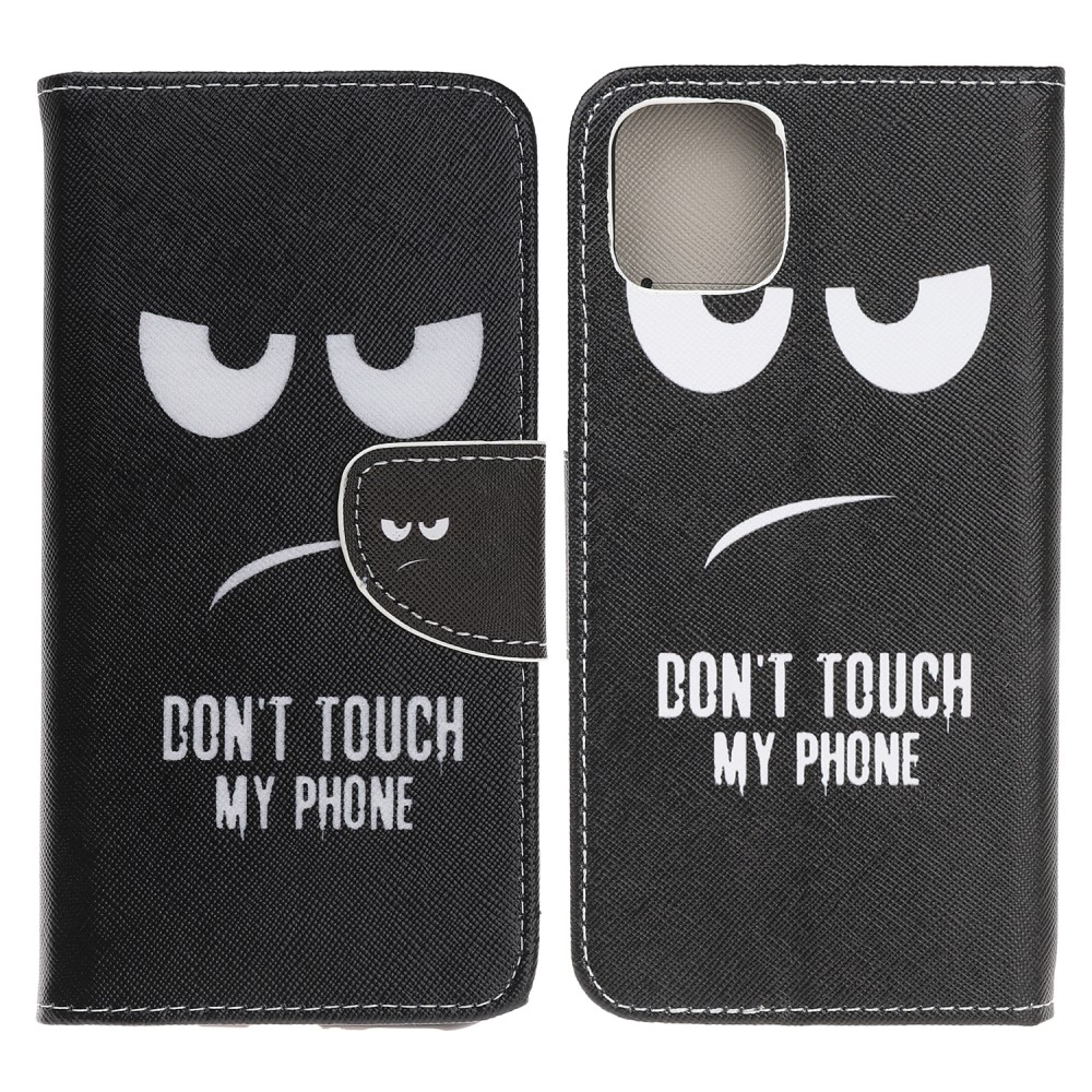 iPhone 13 Pro Leder Tasche mit Kartenfach Don't Touch My Phone - Schwarz