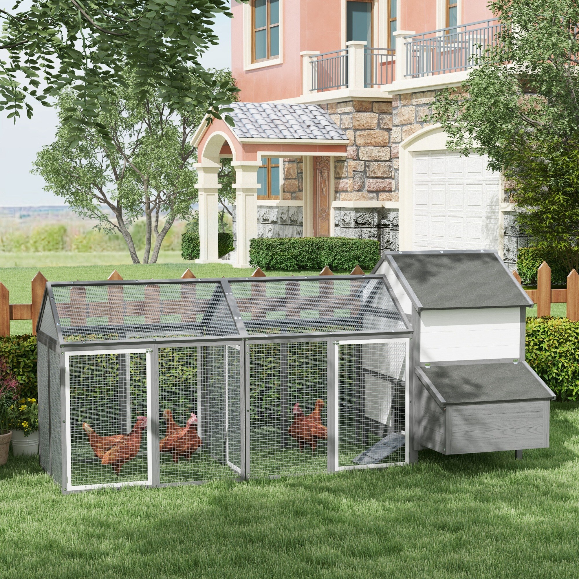 PawHut Hühnerstall mit Nistkasten und beidseitigem Außengehege grau 247L x 125B x 113,5H cm