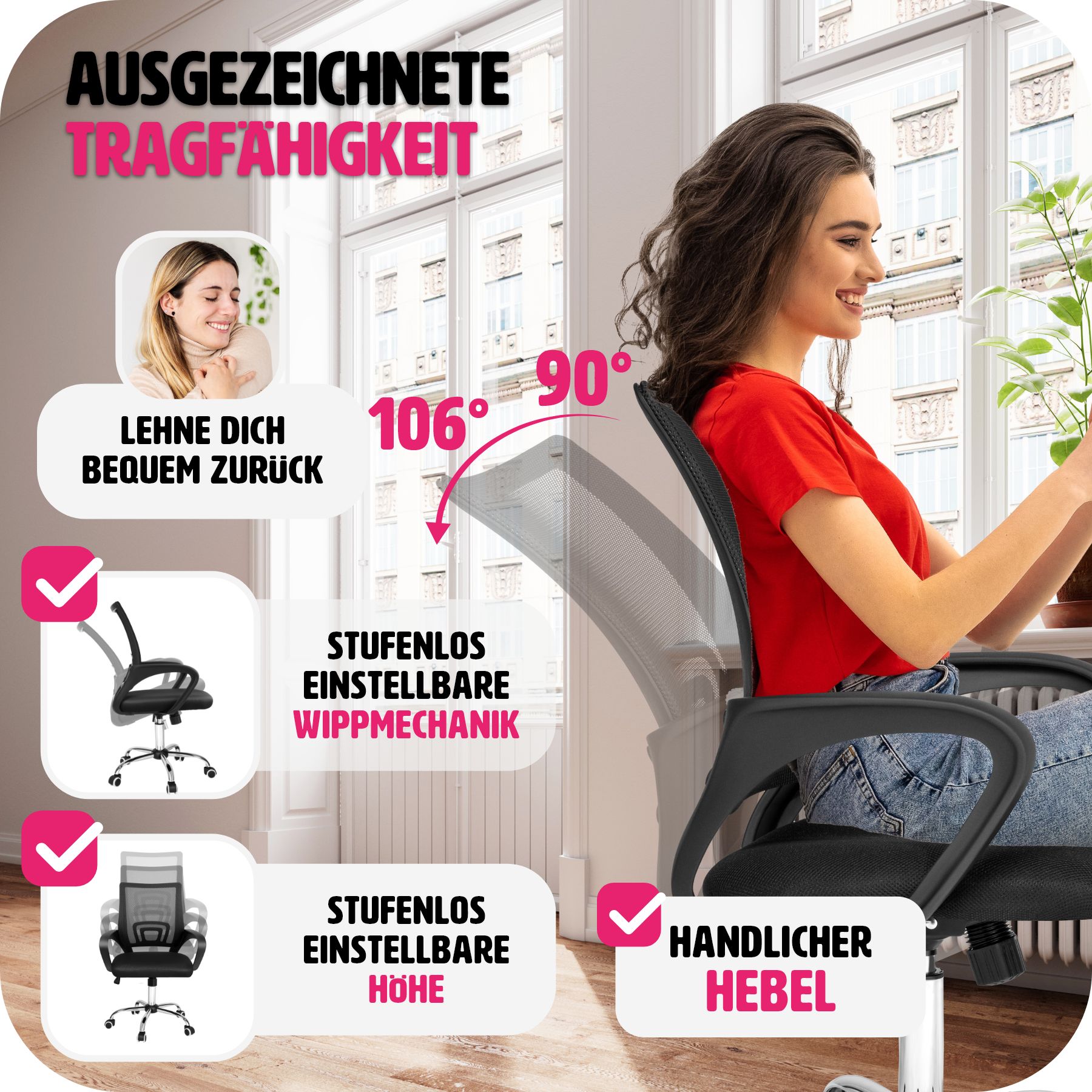 tectake® Bürostuhl, ergonomische Form mit Lordosenstütze, mit Netzstoffbezug, geschwungene Armlehnen, stufenlos höhenverstellbar