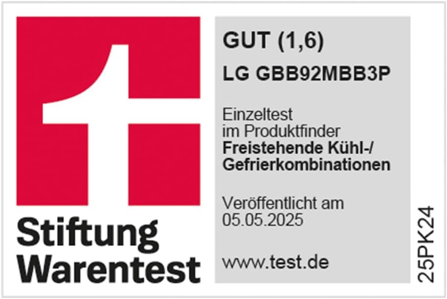 LG GBB92MBB3P, Klasse A-20%, 381 L, Kühl-/ Gefrierkombination mit Innendisplay, Frische Features, DoorCooling+, Variables Ablagefach für XXL-Stauraum, 59,5 x 67,5 x 203 cm ꟷ Metal Sorbet
